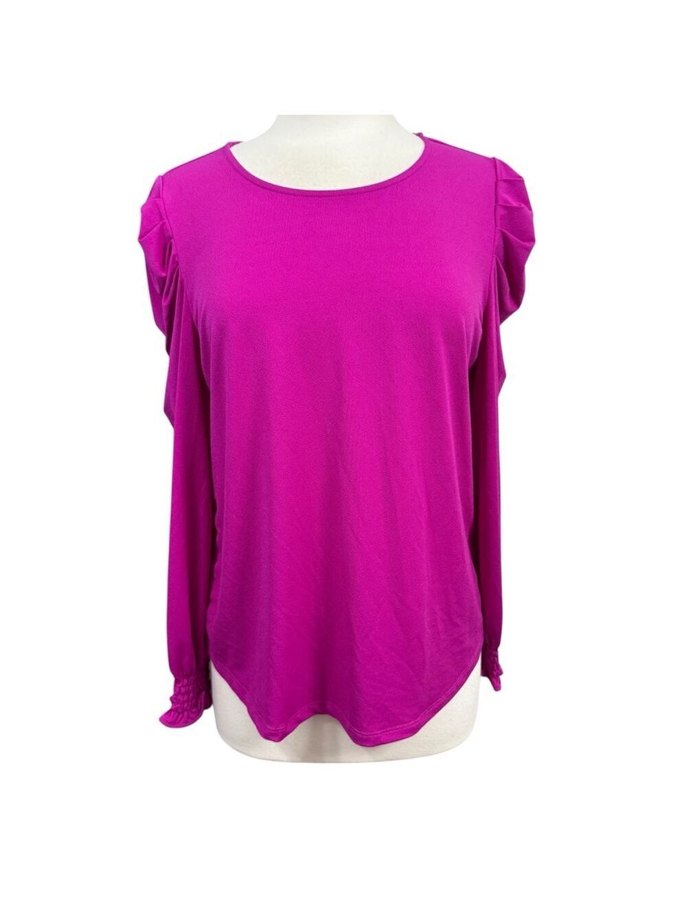 Adrianna Papell Blouse Medium Magenta Pink Long Sleeve Ruffle Shoulder Blouse